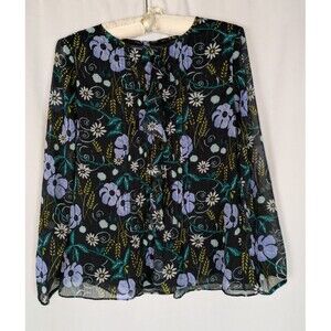 Banana Republic Blouse XS Women's Black Floral Ruffle Shimmer Long Sleeve Pleat
